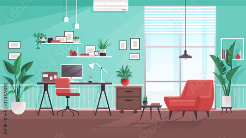 Workplace modern design. Office studio, cabinet or home workspace interior with aquamarine wall. Office at home with big window, desktop, PC computer, documets, plants, furnitures. Flat style