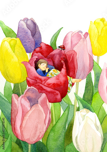 Tulip flowers and a fairy girl