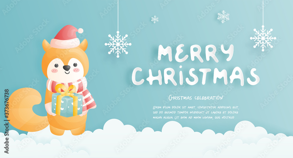 Christmas card, celebrations with cute fox Christmas scene, vector illustration. 