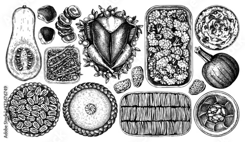 Thanksgiving day traditional dishes illustrations. Roasted turkey, cooked vegetables, rolled meat, pumpkin, cakes sketches. Vintage autumn food for Thanksgiving day dinner. Vector menu  elements.