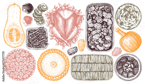 Thanksgiving day traditional dishes illustrations in color. Roasted turkey, cooked vegetables, rolled meat, pumpkin, cakes sketches. Vintage autumn food for Thanksgiving day dinner.