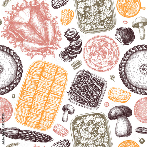 Thanksgiving day table seamless pattern. Roasted turkey, gratin, cooked vegetables, cakes and pies sketches. Traditional Thanksgiving day food. Family dinner background. Vintage backdrop
