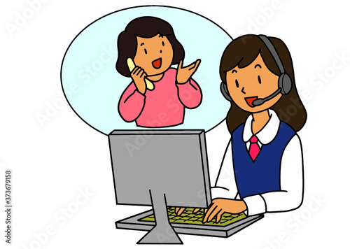 オペレーターと電話で話す女性客