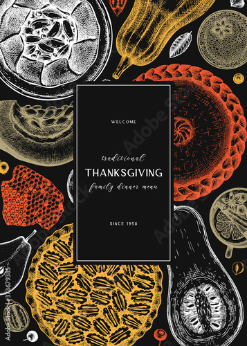 Thanksgiving desserts menu design. Hand sketched desserts with apple, pecan, pumpkin. Traditional pies for Thanksgiving dinner in vintage style. Top view autumn food background. Cooking at home design