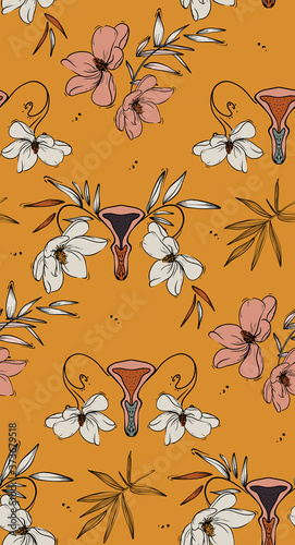 Floral vagina retro vloom pattern, seamless funny design. Cloth vulva texture , female organ erotic design. Summer tropical drawing, bouquet decoration in orange mustard colors