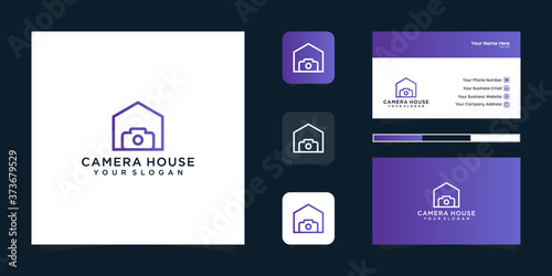 camera house line art style and business card
