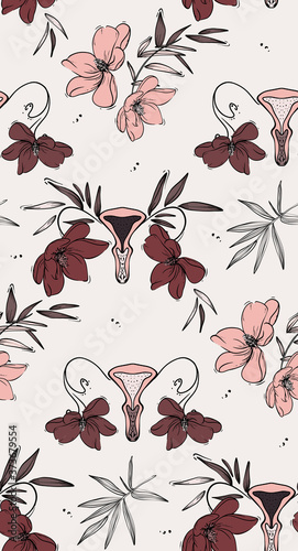 Floral vagina retro vloom pattern, seamless funny design. Cloth vulva texture , female organ erotic design. Summer tropical drawing, bouquet decoration