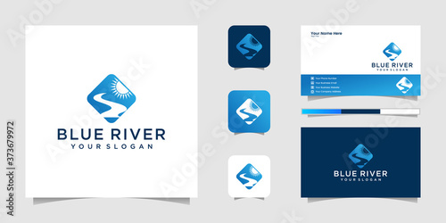 Blue River and sun logo vector and business card