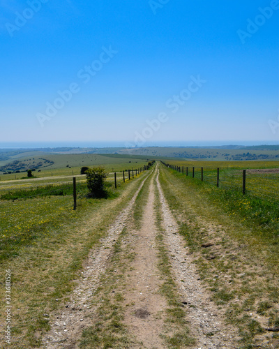 View of English countryside with a Walking Path Trail in the South Downs National Park