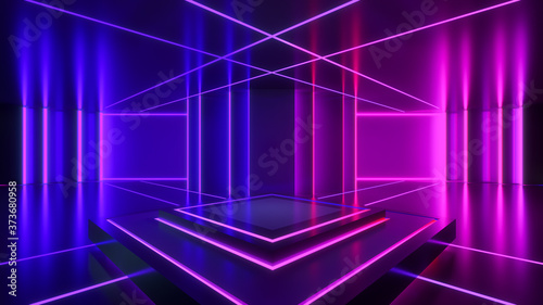 Rectangle stage with neon light, abstract futuristic background, ultraviolet concept, 3d render