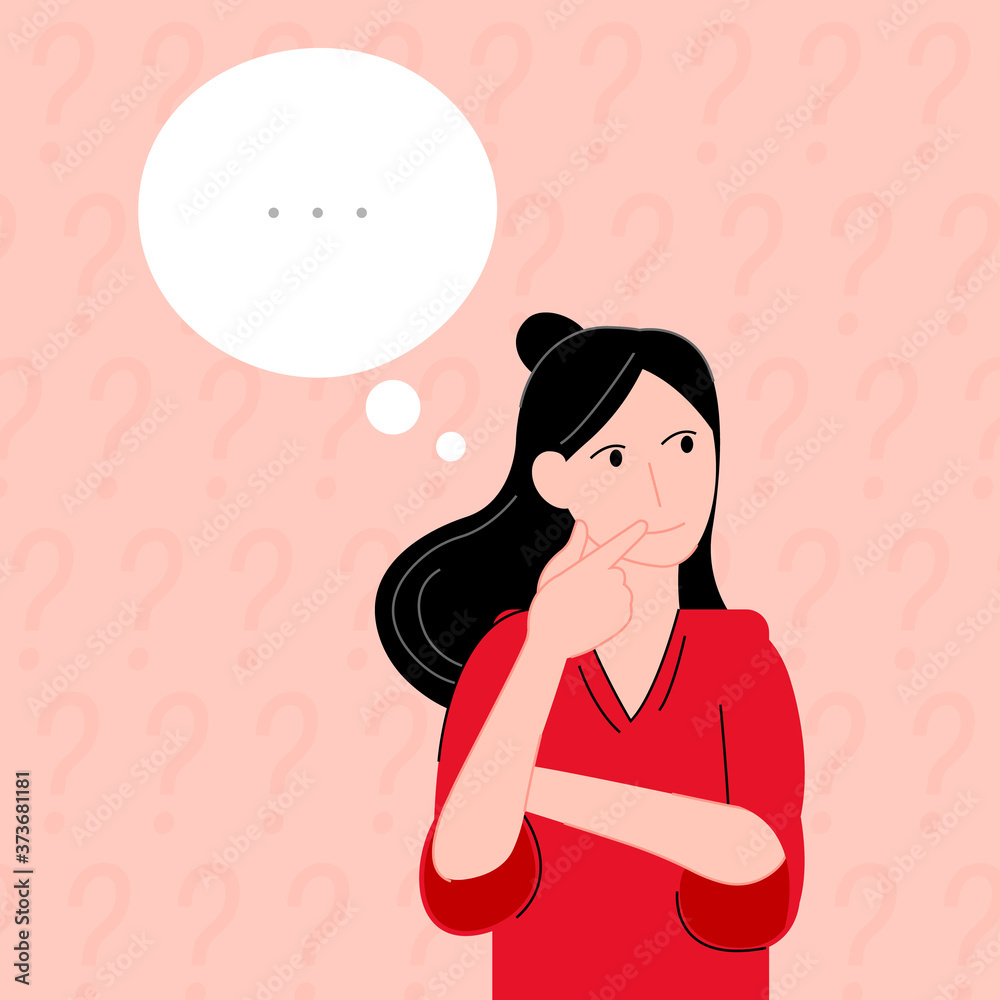 Thinking woman on question marks background cartoon flat vector illustration modern style Thinking woman on question marks background cartoon flat vector illustration modern style