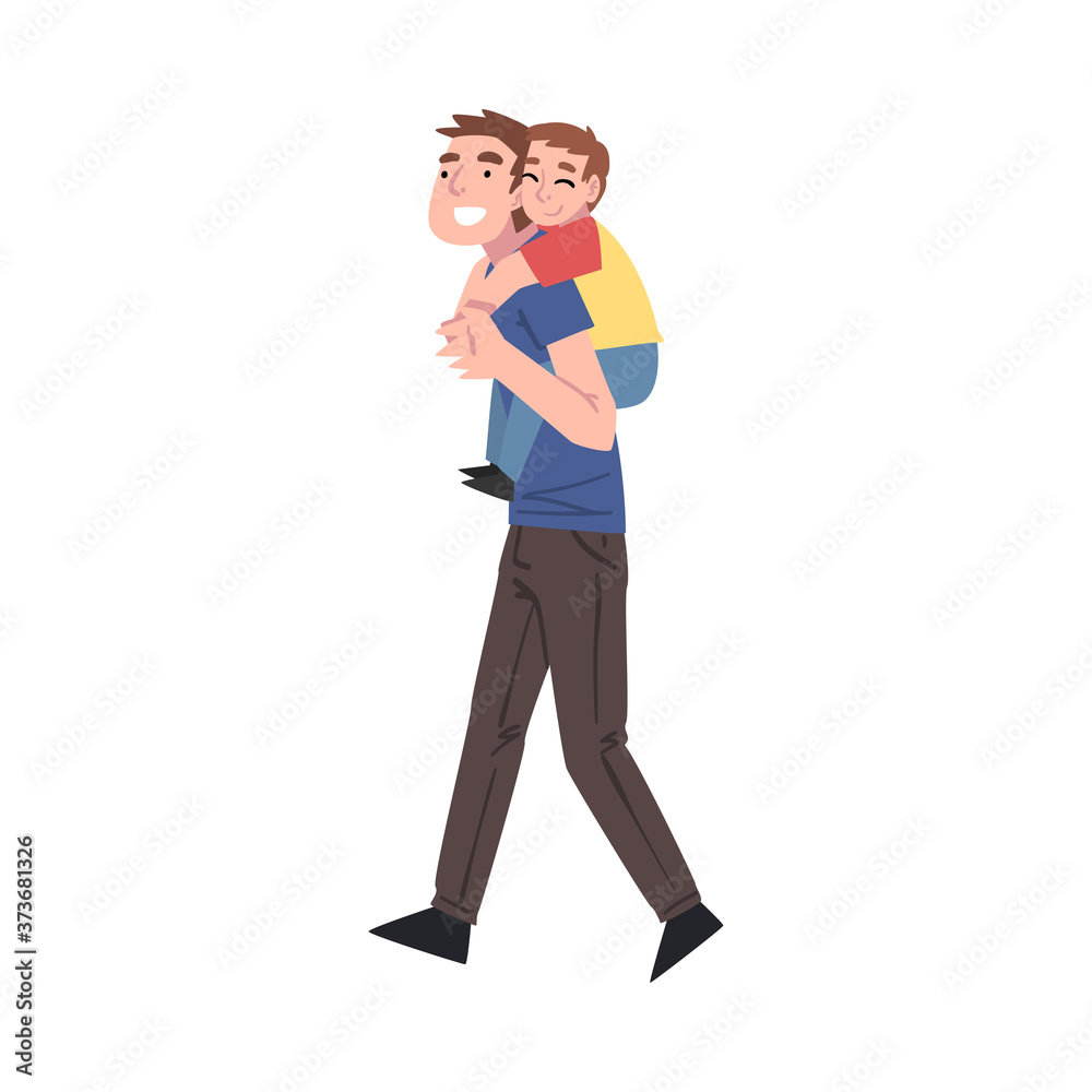 Dad Giving his Little Son Piggyback Ride, Father and his Kid Having Good Time Together Cartoon Style Vector Illustration