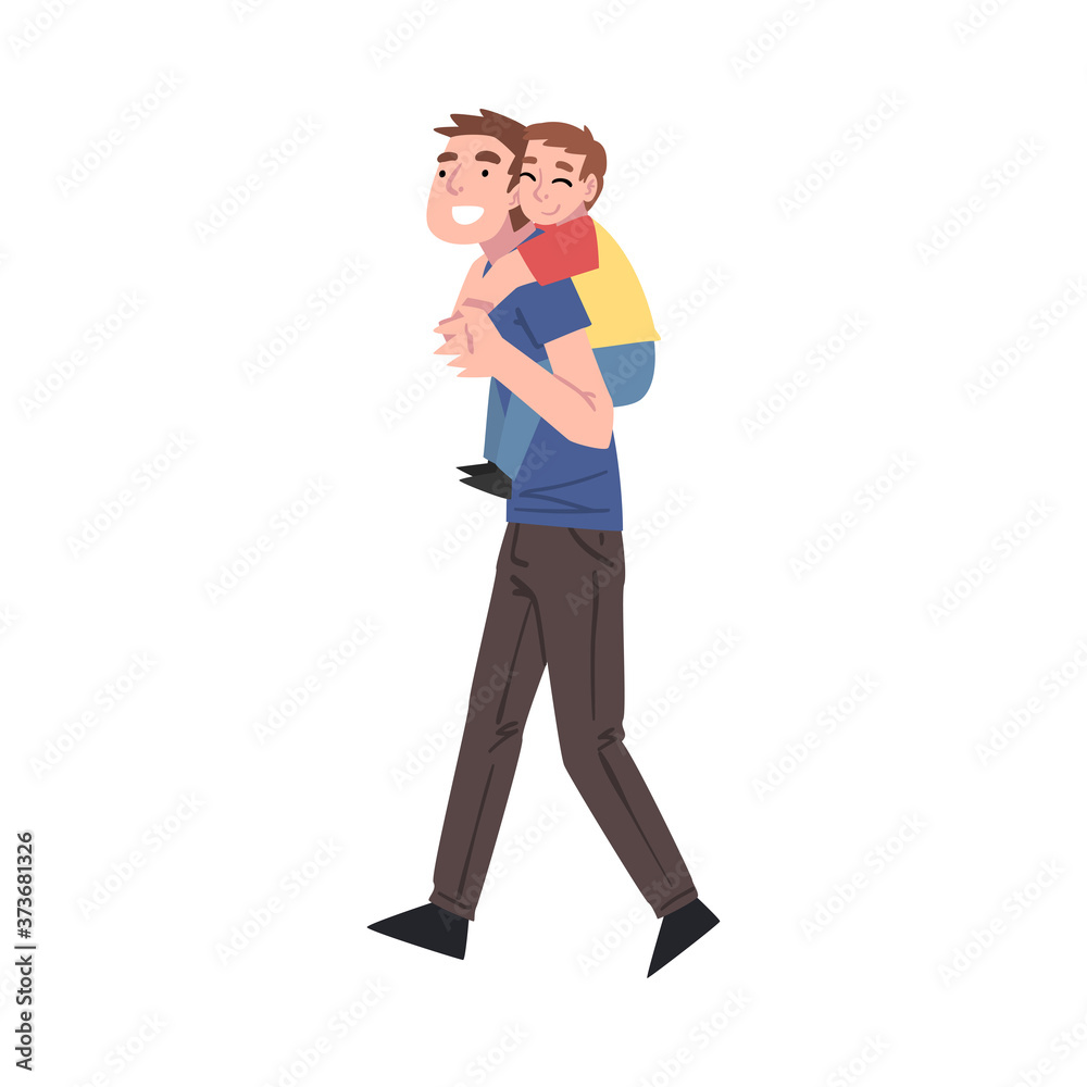 Dad Giving his Little Son Piggyback Ride, Father and his Kid Having Good Time Together Cartoon Style Vector Illustration Dad Giving his Little Son Piggyback Ride, Father and his Kid Having Good Time Together Cartoon Style Vector Illustration