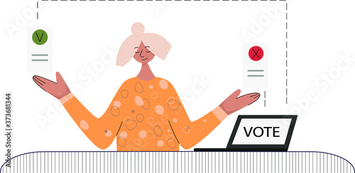 Electronic poll. Digital election with notebook. Vector flat illustration. Voter makes a choice.