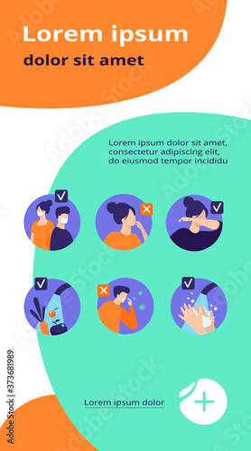 Protection from coronavirus tips. Safety list for prevention spreading, avoidance people with flu symptoms and cough. Vector illustration for, 2019-ncov, corona virus, healthcare concept