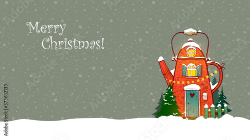 Christmas greeting card with cute red house in shape of teapot on snowy background