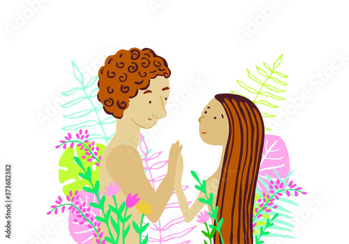 Bible Adam and Eve hand drawn vector illustration. Lovers gently hold hands and look at each other. Сartoon character, flat color drawing