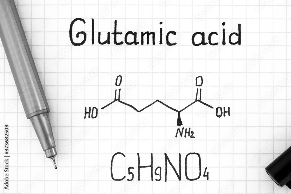 Chemical formula of Glutamic acid with pen. Chemical formula of Glutamic acid with pen.