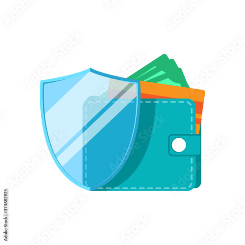 financial protection concept flat design vector illustration with shield, wallet and its contents. simple style of logo, emblem, symbol, sign, icon