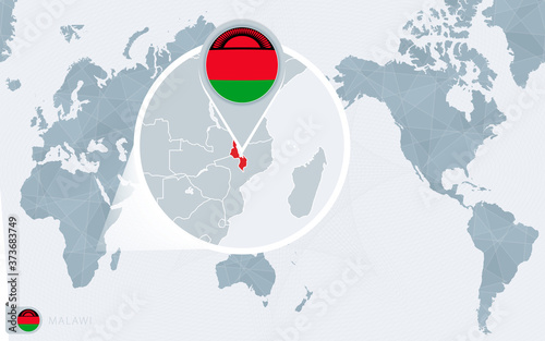 Pacific Centered World map with magnified Malawi. Flag and map of Malawi.