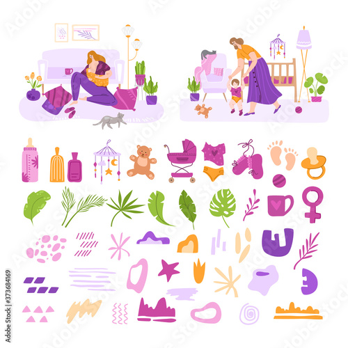 Breast feeding, motherhood, nursing and baby care concept - set of vector illustrations with young mothers and thematic and abstract help elements - toy, milk bottle, flat cartoon isolated vector