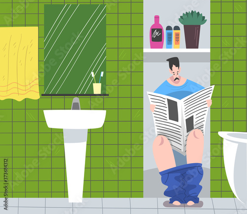 Man Reading Newspaper Sitting on Toilet Bowl, Hygiene Procedure in Bathroom Cartoon Vector Illustration