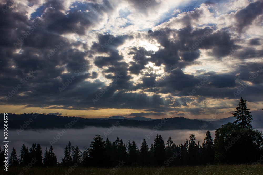 Fototapeta premium morning summer mountain landscape with fog and clouds in the sky