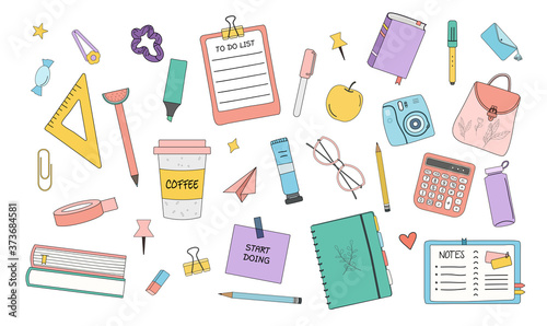 Collection of school supplies. Items for education or lessons. Hand drawn bundle accessories for education and studying. Colorful Cartoon Flat Vector Illustration