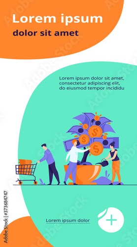 People growing money tree. Investors watering plant with cash, getting revenue. Vector illustration for business, finance, investment, growth, prosperity concept