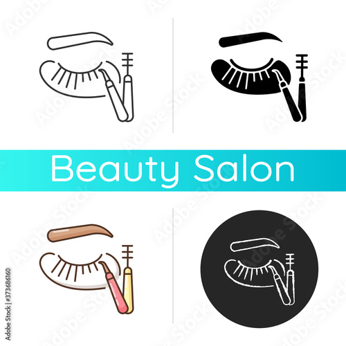 Lash making icon. Eyelash extensions. Beauty procedures. False eyelashes. Cosmetic application. Beauty parlor. Linear black and RGB color styles. Isolated vector illustrations