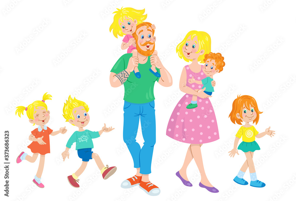A happy family. Mother, father and their five cute children for a walk. In cartoon style. Isolated on white background. Vector flat illustration. A happy family. Mother, father and their five cute children for a walk. In cartoon style. Isolated on white background. Vector flat illustration.