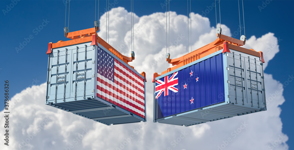 Freight containers with USA and New Zealand flag. 3D Rendering 