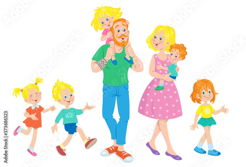 A happy family. Mother, father and their five cute children for a walk. In cartoon style. Isolated on white background. Vector flat illustration.