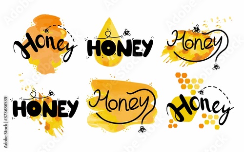 Honey lettering set. Hand drawn label for food packaging, local sweet dessert product simple stamp collection. Text with yellow and orange honey background with bee, golden symbol vector illustration