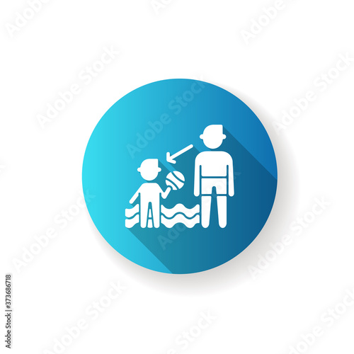 Watch your children blue flat design long shadow glyph icon. Water park safety rule, public places behaviour. Family recreation. Father and son at aquapark silhouette RGB color illustration