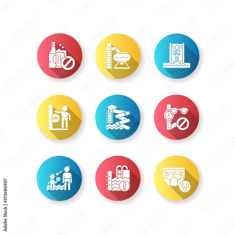 Waterpark flat design long shadow glyph icons set. Aqua park rides and safety rules. Active seasonal recreation, summertime. Fun for adults and children. Silhouette RGB color illustrations Waterpark flat design long shadow glyph icons set. Aqua park rides and safety rules. Active seasonal recreation, summertime. Fun for adults and children. Silhouette RGB color illustrations