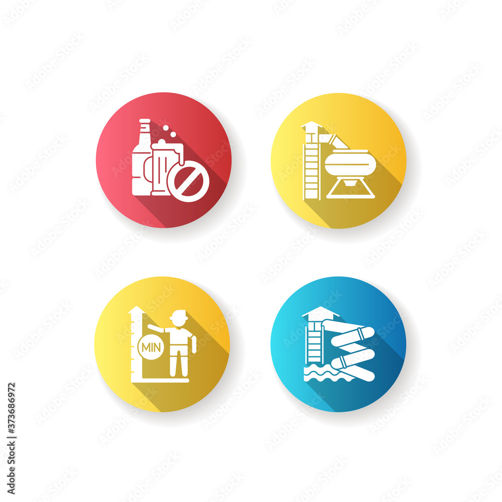 Waterslides with restrictions flat design long shadow glyph icons set. Aqualoop, bowl slide, no alcohol and height limits. Water park attractions and rules. Silhouette RGB color illustrations Waterslides with restrictions flat design long shadow glyph icons set. Aqualoop, bowl slide, no alcohol and height limits. Water park attractions and rules. Silhouette RGB color illustrations