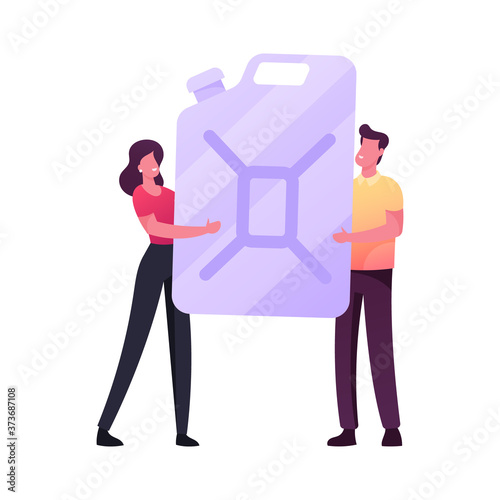 Tiny Male and Female Characters Holding Huge Canister on Gas Station for Filling Fuel into Car. Refueling Automobile