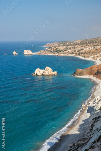 Petra of Romiou coast of the island as seen from the cliff viewpoint. Kouklia. Cyprus