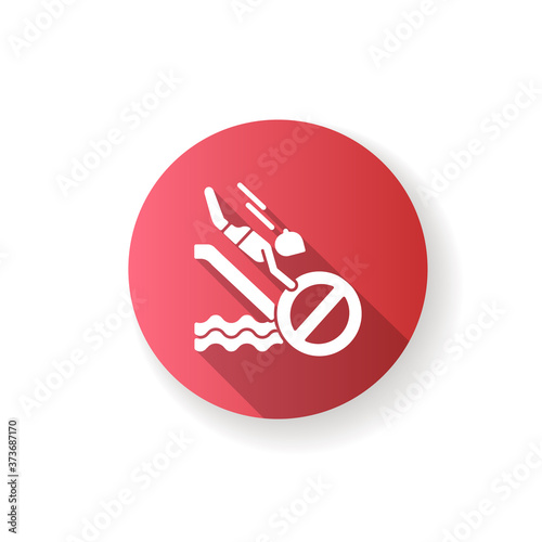 No head down sliding red flat design long shadow glyph icon. Water park security policy, safety rule for waterslide attractions. Aqua park entertainment. Silhouette RGB color illustration