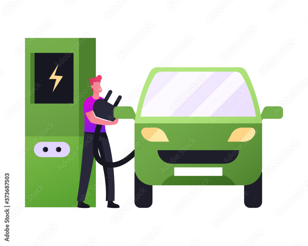 Refilling Station Worker Put Charger Plug to Car Socket. Eco Transport Electricity Power. Electric Car Green Technology Refilling Station Worker Put Charger Plug to Car Socket. Eco Transport Electricity Power. Electric Car Green Technology