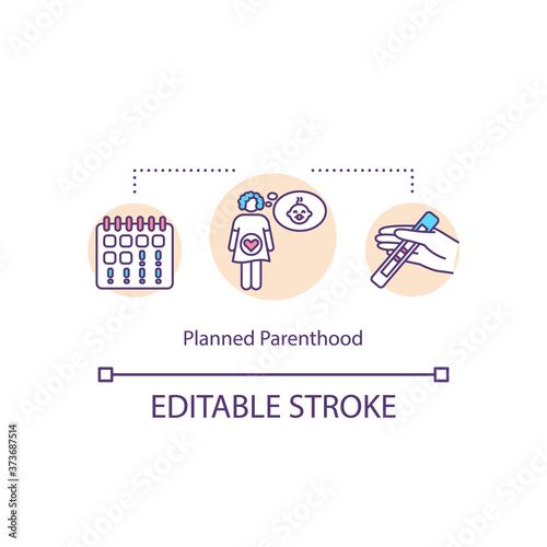 Planned parenthood concept icon. Young expectant mother. Pregnant mom. Plan childbirth. Sexual education idea thin line illustration. Vector isolated outline RGB color drawing. Editable stroke