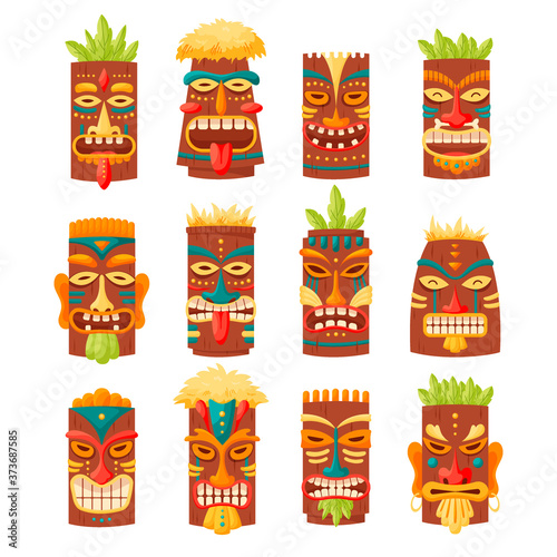 Tiki mask tribal set. Hawaiian totem or african maya aztec wooden idol isolated on white background. Ethnic ritual heads, polynesian statue collection, cartoon style vector