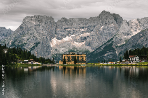 Panorama landscape of Misurina lake in Italy photo