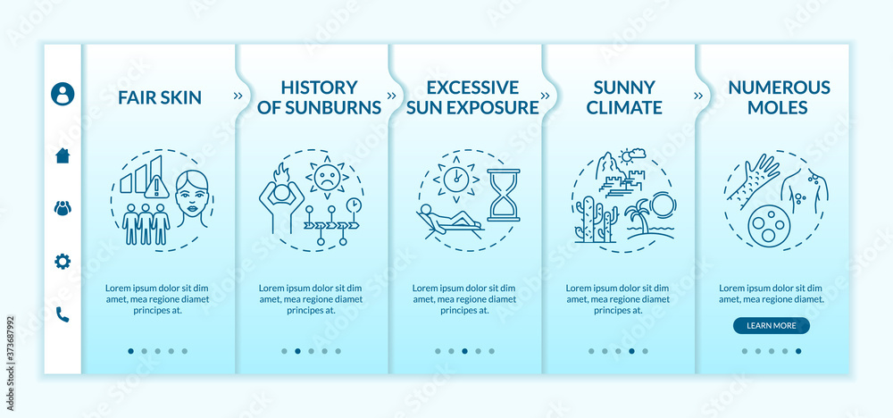 Skin cancer risk factors onboarding vector template. Fair skin. Numerous moles. Sunny climate. Responsive mobile website with icons. Webpage walkthrough step screens. RGB color concept