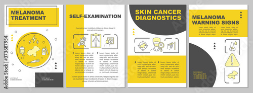 Melanoma treatment brochure template. Skin cancer diagnostics. Flyer, booklet, leaflet print, cover design with linear icons. Vector layouts for magazines, annual reports, advertising posters