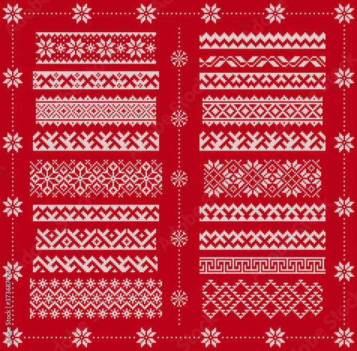 Knit seamless borders. Vector. Christmas frames on red patterns. Knitted print. Fairisle ornaments. Scandinavian texture. Xmas, winter illustration