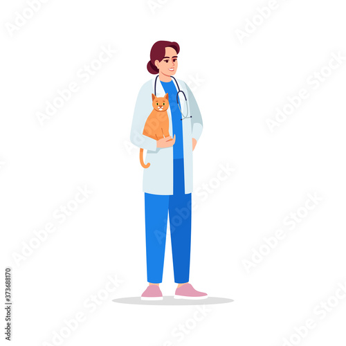 Veterinarian semi flat RGB color vector illustration. Female doctor. Animal hospital. Veterinary physician. Young caucasian veterinary surgeon isolated cartoon character on white background