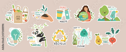 Ecology colorful stickers collection. Trendy slogans to save the planet. Eco friendly tools, zero waste concept, environmental protection, save wild nature and other. Flat Vector Illustration