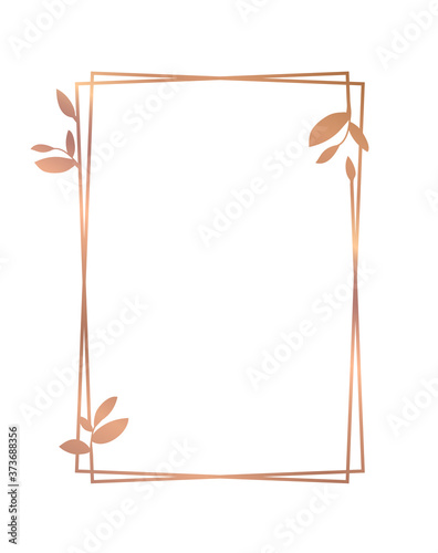 Rose gold frame with leaves. Vector gold floral frame.  